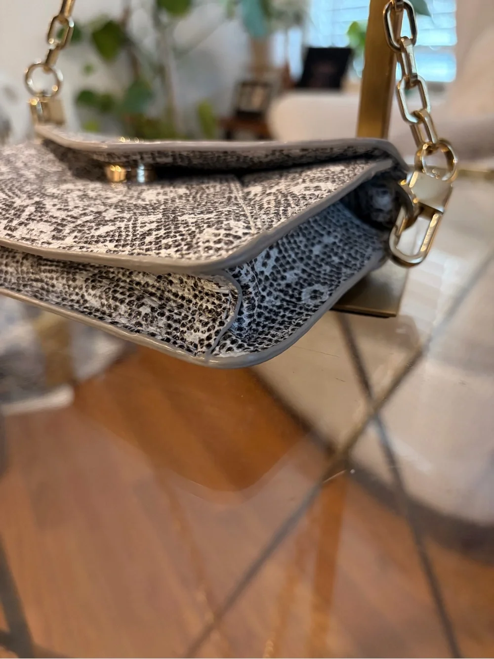 Tory Burch Black and White Snake-Print Crossbody with Gold Chain